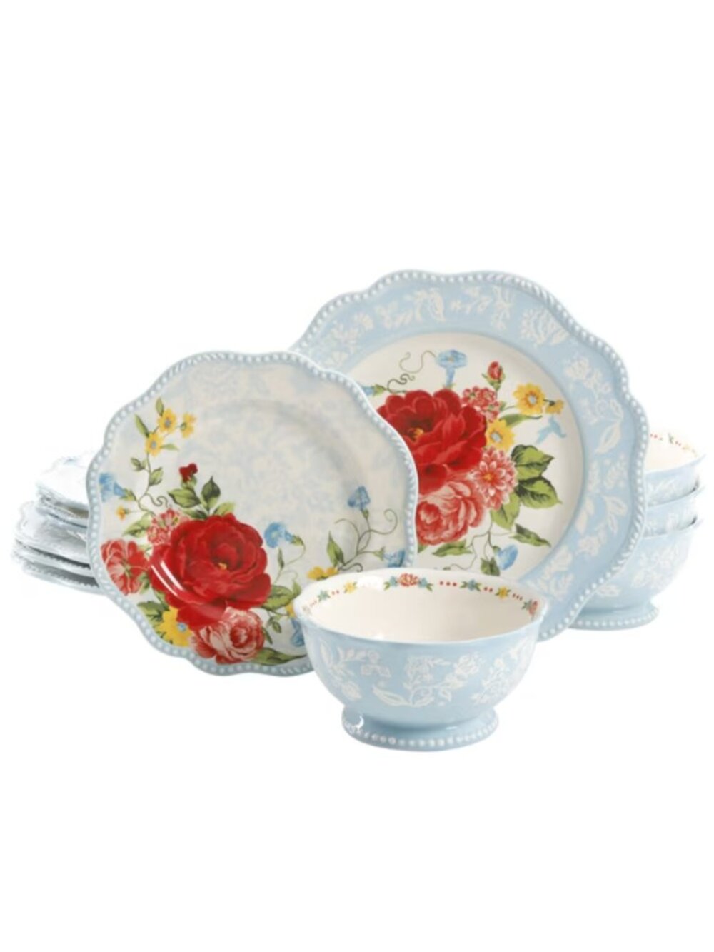 The Pioneer Woman Home Blue & Red Sweet Rose 12-Piece Floral Dinnerware Set